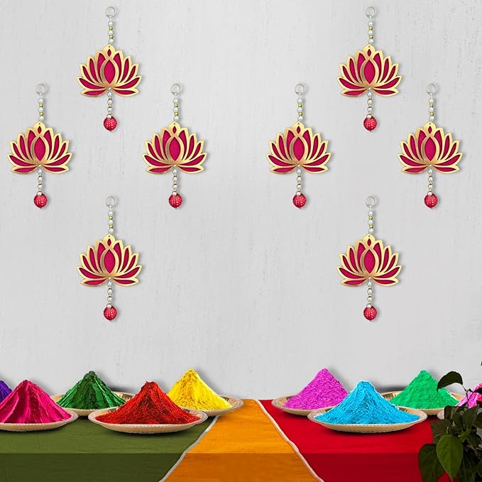 Party Propz Handmade Lotus Hangings For Decoration -8Pcs 8 Inch Wall Decor Lotus Latkan Toran With Lotus Buds | MDF Floral Wall Hangings For Temple Decor | Main Door Entrance | Mandir Decoration Items