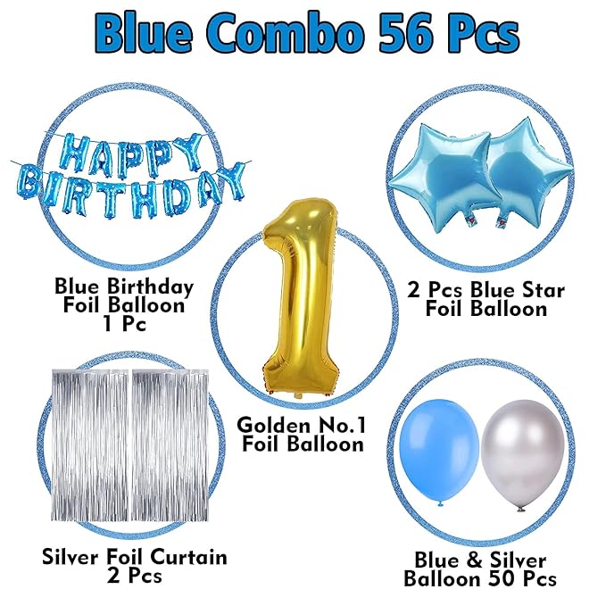 Party Propz Birthday Decoration kit for 1st Birthday Boys-56Pcs with Foil Curtain / Bday Supplies Items with Blue HBD foil Balloon, Number Foil Baloons/1st Birth Day Props for Kids/Newborn Gifts Set