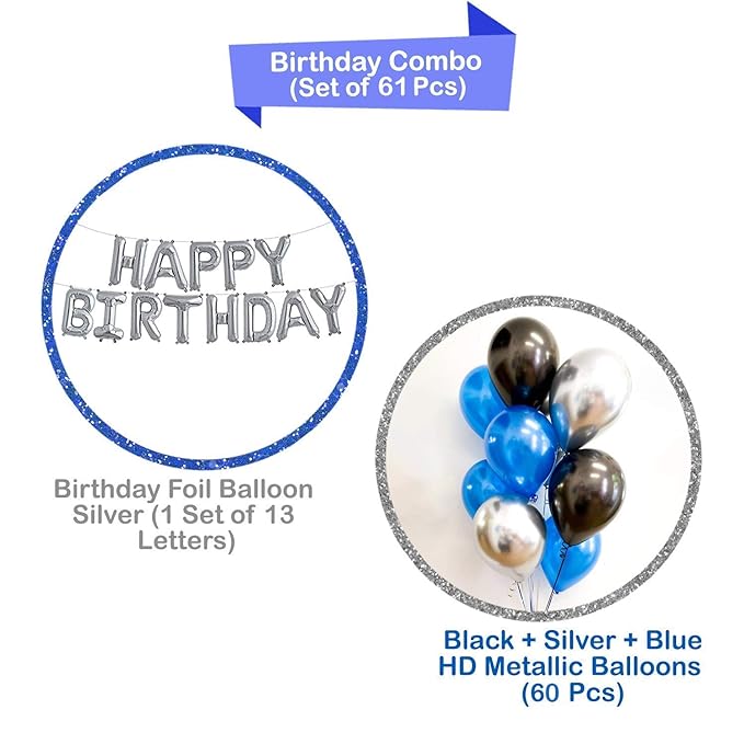 Party Propz Blue Theme Birthday Decoration - Pack of 61 | Blue Silver Black Balloons for Decoration | Happy Birthday Letter Foil Balloon Set | Hd Metallic Balloons (blue, Black And Silver)