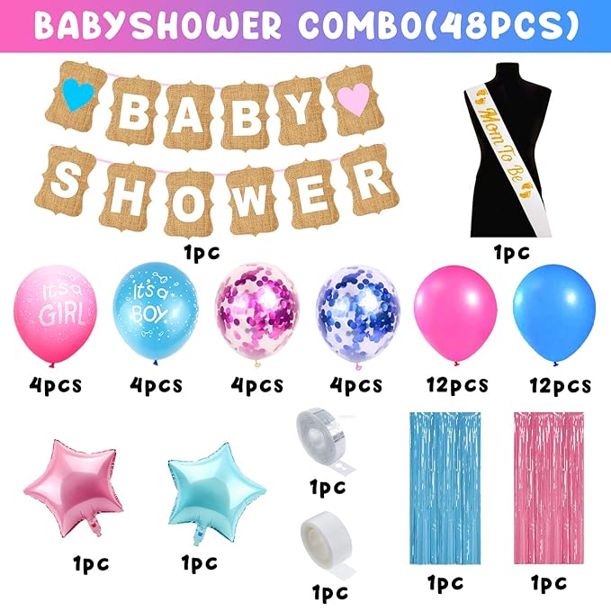 Party Propz Baby Shower Decoration Items - Combo of 48 Pcs | Baby Shower Decorations | Mom To Be Decoration Items Set | Baby Shower Banner(cardstock) | Mom To Be Sash, Baby Shower Balloons