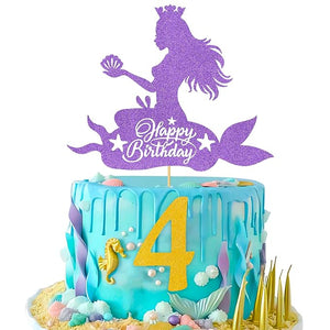 Party Propz 4th Birthday Mermaid Cake Topper - Set of 2Pcs Mermaid Theme Birthday Decorations | Happy Birthday Cake Topper | 4th Birthday Decorations for Girls | Cake Toppers For Cake Decoration Items