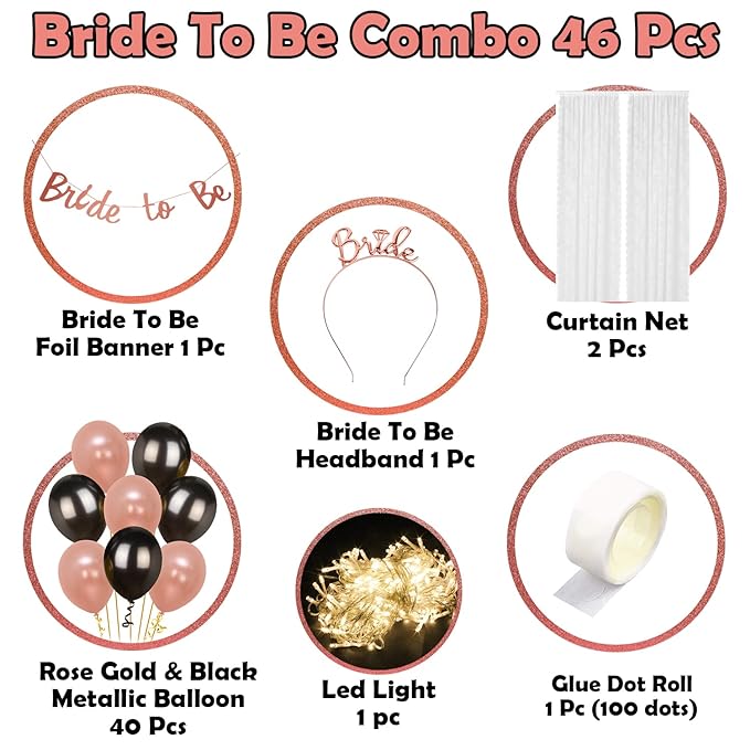 Party Propz Bride to Be Decoration Set Combo - 46Pcs Rose Gold Bachelorette Party Decorations | With Net Curtains, LED Light and Metallic Balloons | Bride to Be Headband | Bride to Banner (Cardstock)