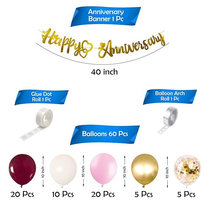 Party Propz Anniversary Balloons for Decoration - 63Pcs Happy Anniversary Decoration Items Kit | Happy Anniversary Balloons | Happy Anniversary Banner | Burgundy Balloons for Decoration