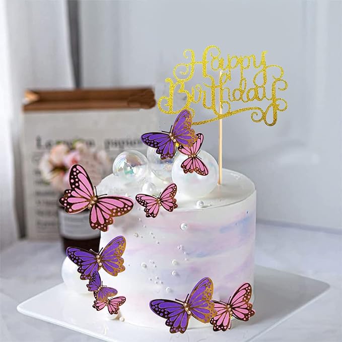 Party Propz Butterfly Cake Topper - Pack Of 11 | Golden Happy Birthday Cake Topper | Pink, Purple Butterfly For Cake Decoration | Birthday Cake Decoration Items | Birthday Decoration Items For Girls