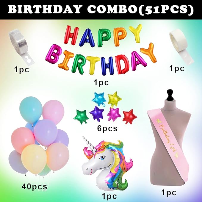 Party Propz Unicorn Theme Latex Birthday Decorations Items Multicolor Combo Set 51Pcs Kit For Happy Birthday Decoration Kit For Girls Unicorn Birthday Decorations Baby Birthday Decoration Items