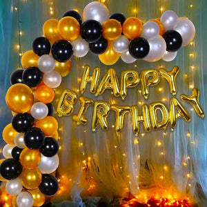 Party Propz Happy Birthday Letters Foil With Metallic Black Silver Golden Décor Balloons Decoration Kit - 62Pcs Fairy Led Light Set For Adult, Kids, Boy, girl, 25th, 30th, 40th, 50th Party Supplies