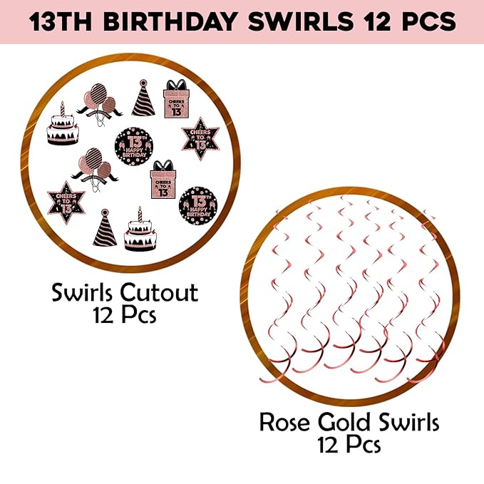 Party Propz Cardstock 13Th Birthday Decorations For Girl-Set of 12 Rose Gold Happy Birthday Decoration Swirls And Cutouts For Kids 13Th Birthday Celebration