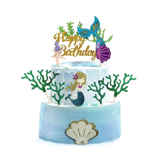 Party Propz Glitter Mermaid Birthday Cake Topper - Happy Birthday Cake Decoration for Under The Sea Themed Birthday Supplies Set fo 7, Multicolor