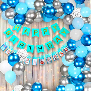 Party Propz 1St Birthday Decoration Items - 67Pcs Blue Happy Birthday Decoration Kit For Boys With Metallic&Pastel Blue Balloons|White&Silver Balloons|Monthly Photo Banner|Net Curtains|Diy Combo Set