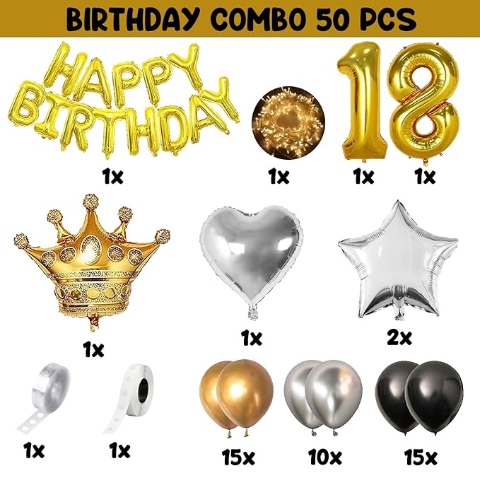 Party Propz Golden 18th Birthday Decoration Kit - 50Pcs Combo Kit Golden Foil Balloons with Happy Bday Foil Banner (cardstock), Silver Star & Heart Foil Balloons for Boys, Girls, Husband, Wife