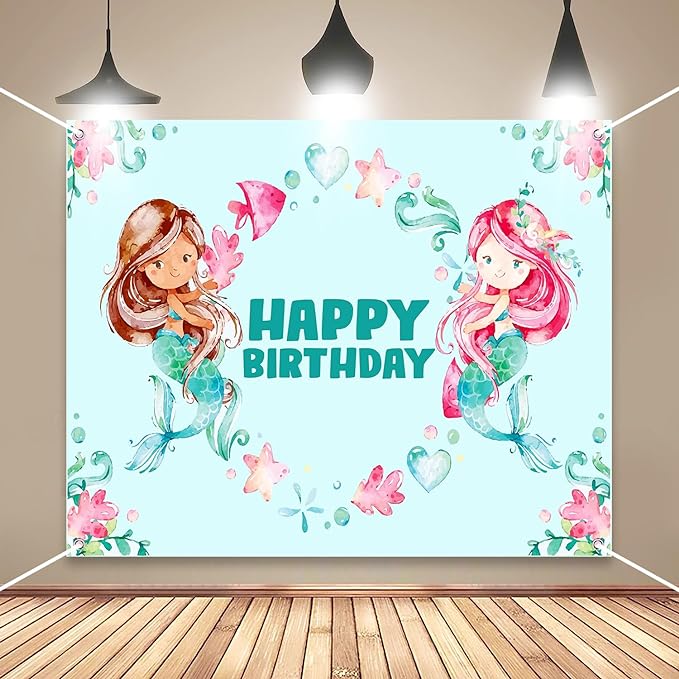 Party Propz Mermaid Birthday Banner Backdrop - Mermaid Theme Birthday Decorations/Mermaid Decoration for Birthday/Birthday Decoration Items for Girl/Happy Birthday Decoration