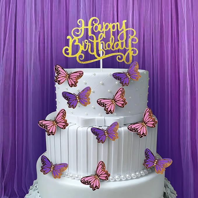 Party Propz Butterfly Cake Topper - Pack Of 11 | Golden Happy Birthday Cake Topper | Pink, Purple Butterfly For Cake Decoration | Birthday Cake Decoration Items | Birthday Decoration Items For Girls