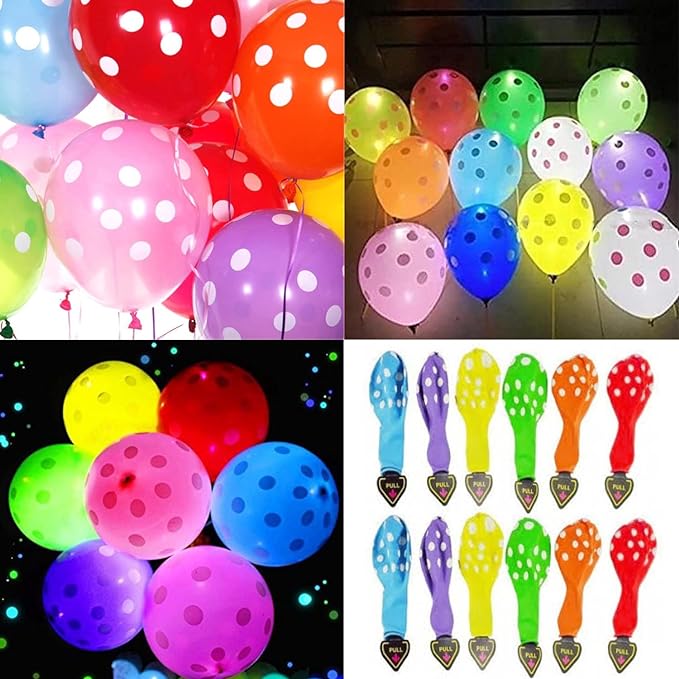 Party Propz LED Balloons For Birthday Decoration - 12 Pcs, Polka LED Balloons For Party | Glow Balloons | Birthday Decoration Items | Birthday Balloons For Decoration | Multicolor Party Balloons For Decoration