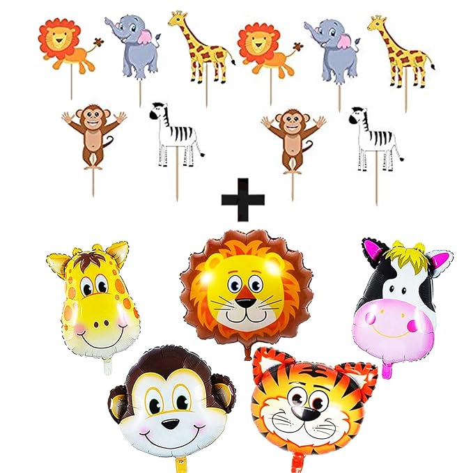 Party Propz Happy Birthday Foil Balloon-Set Of 5 Animal Foil Balloons|Balloon Decoration For Birthday|Cow Foil Balloon|Jungle Theme Balloons For Decoration| Happy Birthday Decoration Kit||Multicolor