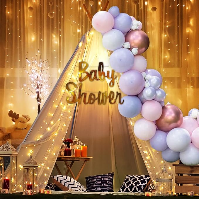 Party Propz Baby Shower Decoration Items - Set of 26 Pcs | Mom To Be Decoration | White Net Curtain With Fairy Lights | Baby Shower Party Decoration | Baby Shower Metallic Balloons Pink or Blue