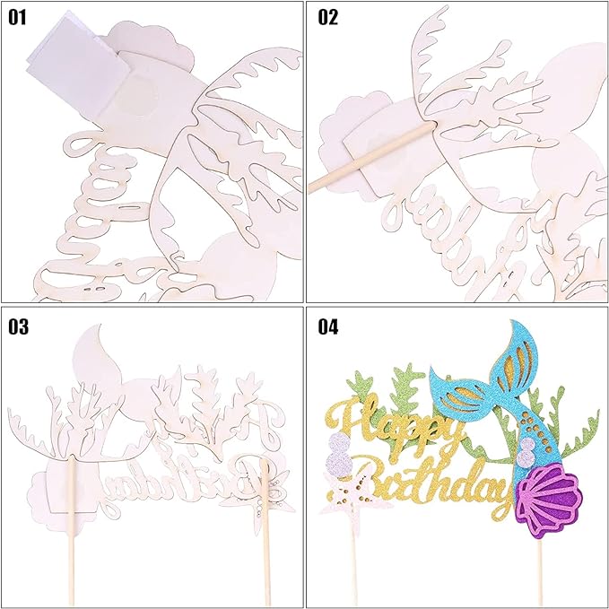 Party Propz Glitter Mermaid Birthday Cake Topper - Happy Birthday Cake Decoration for Under The Sea Themed Birthday Supplies Set fo 7, Multicolor