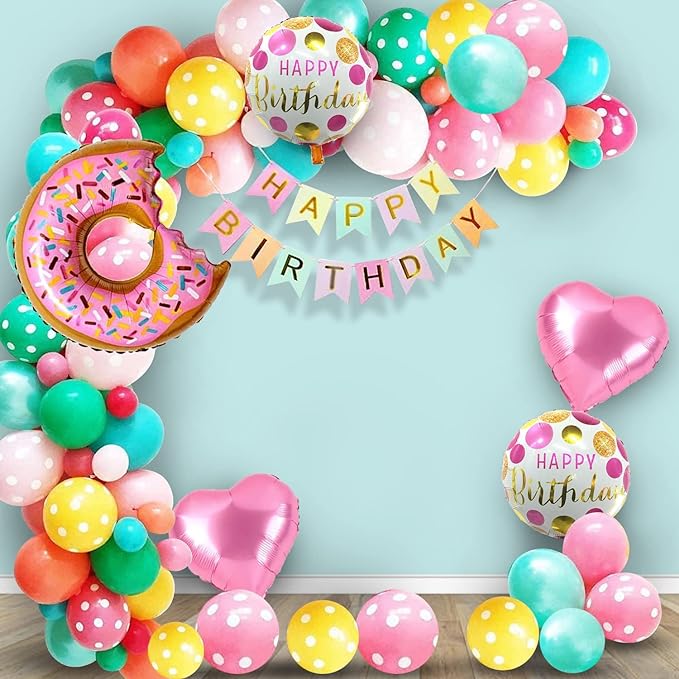 Party Propz Happy Birthday Decoration Kit - Large 53 Pcs Donut Theme Birthday Decoration | Birthday Banner for Girls Boys(Cardstock) | Multicolor Donut Foil Metallic Balloons for Birthday Decorations