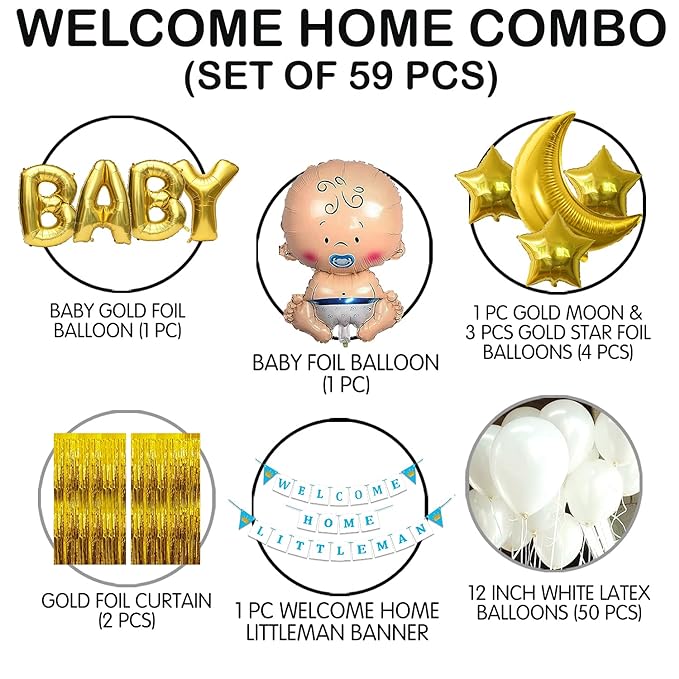 Party Propz Welcome Home Baby Decoration Kit 59Pcs Balloon, Paper Bunting, Stars, Moon with Foil Curtain / Welcome / Birthday Supplies