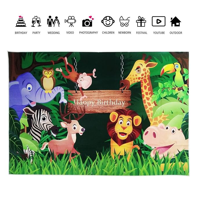 Party Propz Jungle Theme Birthday Decoration - Birthday Decoration Items for Boy, Girl | Jungle Theme Birthday Backdrop For Decoration | Happy Birthday Banner For Backdrop | Birthday Flex Banner Background