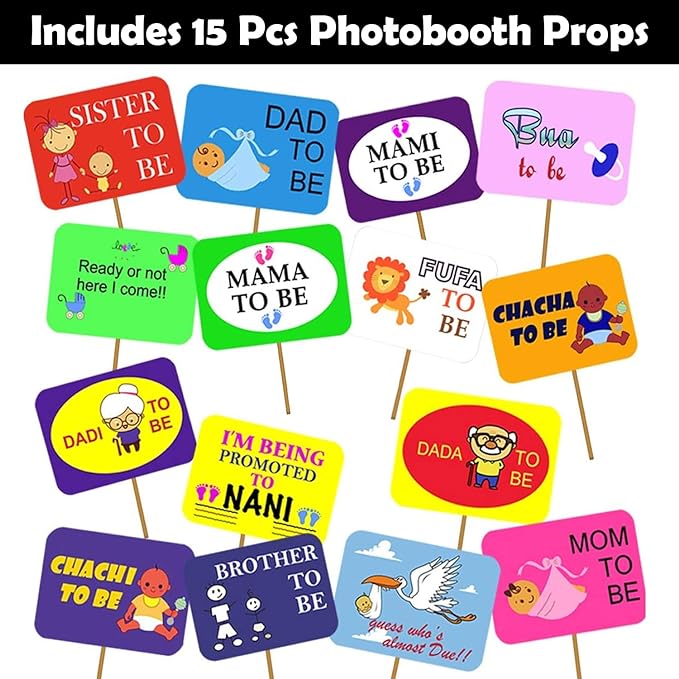 Party Propz Baby Shower Decoration Items-15 Pcs Baby Shower Photo Booth|Props For Maternity Photoshoot|Mom To Be Decoration Items Set|Baby Shower Props Set|Baby Shower Tags For Family|Mom To Be Props