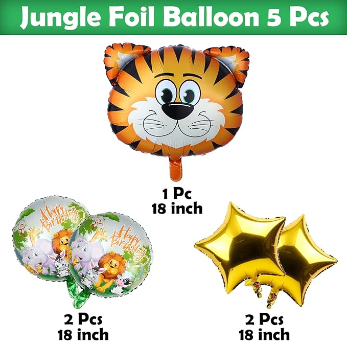 Party Propz Happy Birthday Foil Balloon - Set of 5 Animal Foil Balloons | Tiger Foil Balloon | Balloon Decoration for Birthday | Happy Birthday Decoration Kit | Jungle Theme Balloons for Decoration