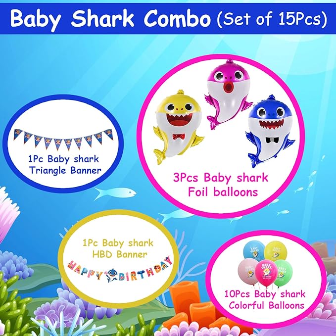 Party Propz Baby Shark Birthday Decorations - 15Pcs Birthday Decoration Kit | Baby Shark Theme Birthday Decorations | Birthday Decoration Theme For Kids | Baby Shark Balloons For Birthday Decoration