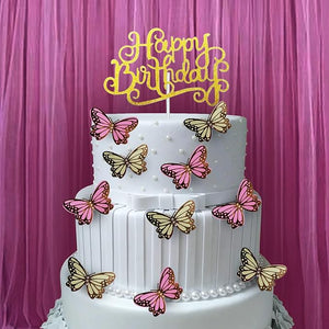 Party Propz Butterfly Cake Topper-Pack Of 11|Butterfly Decoration Items|Golden Happy Birthday Cake Topper|Yellow|Pink Butterfly For Cake Decoration|Birthday Cake Decoration Items