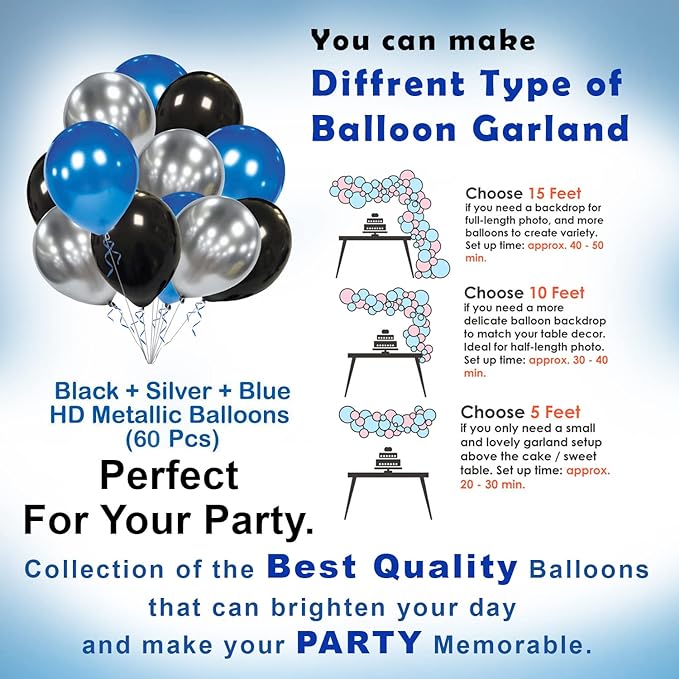 Party Propz Blue Theme Birthday Decoration - Pack of 61 | Blue Silver Black Balloons for Decoration | Happy Birthday Letter Foil Balloon Set | Hd Metallic Balloons (blue, Black And Silver)