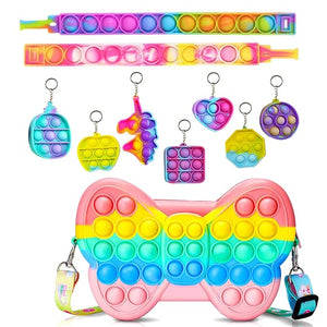 Party Propz Pop It Toys for Kids- Combo of 4 Pcs | Return Gifts for Kids | Pop It Keychain and Popit Pouch for Girls | Fidget Toys for Kids | Rainbow Butterfly pop it bracelet for kids | Pop It Key Ring