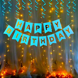 Party Propz Happy Birthday Decoration Kit Items Combo - 14Pcs for Kids Boys Adult Men Husband, Banner, Swirls With Fairy Light