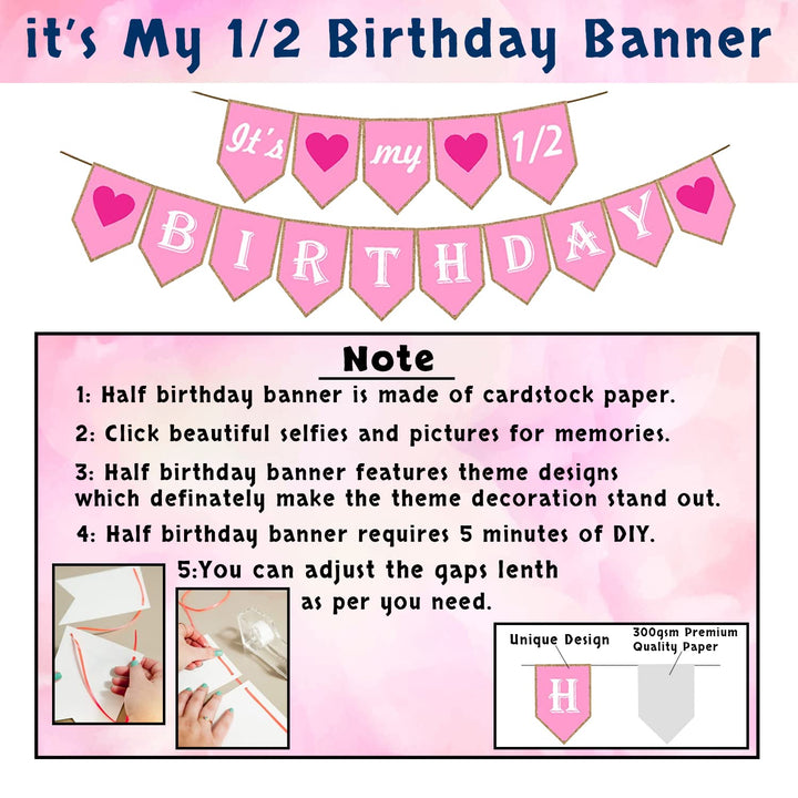 Party Propz Its My Half Birthday Decorations - Large 49 Pcs Combo | 1/2 Birthday Decorations for Girls | Pink Star Foil & Half Birthday Card for Baby Girls | Half Birthday Decoration for Baby Boy