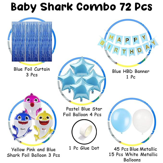 Party Propz Baby Shark Theme Birthday Decorations -72pcs Combo, Blue Happy Birthday Banner(cardstock) | Shark Theme Foil Balloons, Metallic Balloons, Foil Curtains | Baby Shark Birthday Decorations