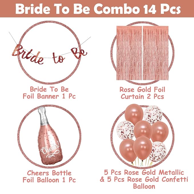 Party Propz Bride to Be Decoration Set Combo - Huge 14 Pcs, Rose Gold Bridal Shower Decorations Kit | Bachelorette Party Decorations Items | Bride to Be Banner (Cardstock) | Rose Gold Foil Curtains