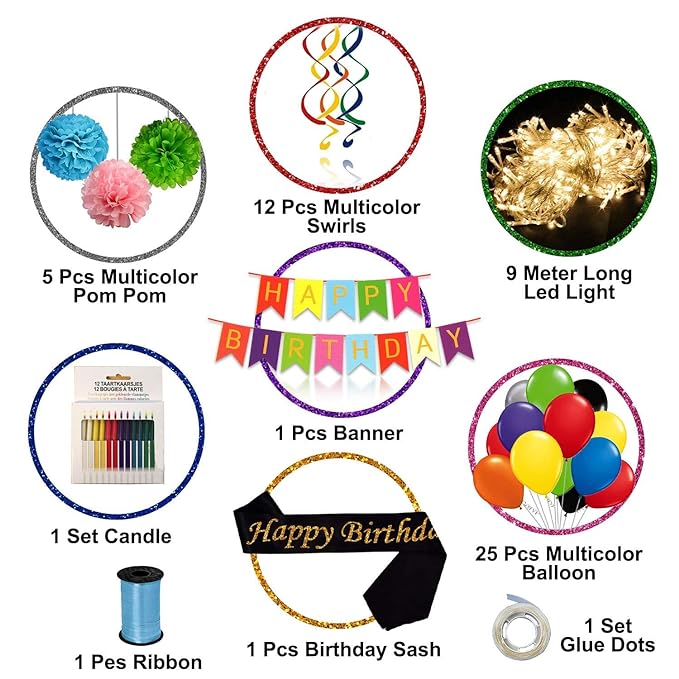 Party Propz Multicolour Birthday Decoration kit - 48 Pcs Set With Happy Bday Sash, Pom pom, Metallic Balloons, Birthday Banner Cardboard ,Ribbon with Fairy Light For Kids, Husband, Boys, Girls