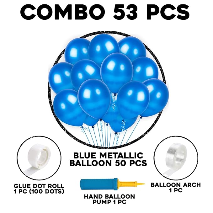 Party Propz Blue Metallic Rubber Balloons For Decoration With Hand Pump, Ballons Glue Dot And Strip Arch Packet - Happy Birthday Party Celebrations Items Combo Set - For Kids Boys Baby -53Pcs