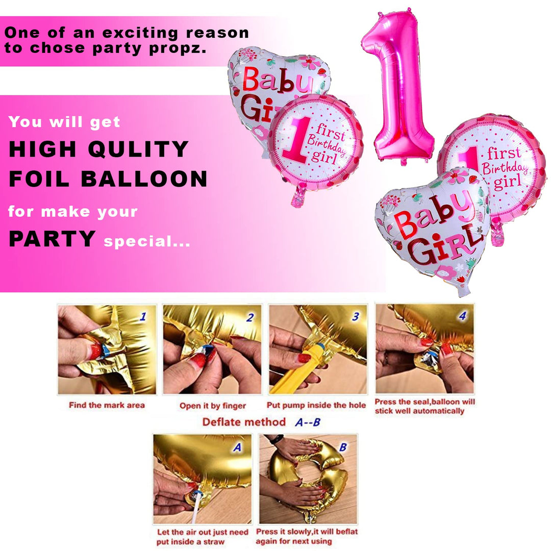 Party Propz Pink 1st Birthday Decoration For Baby Girl With Warm Led Light Set I Am One Paper Banner, 1-12 Month Milestone Paper Banner, Number 1 Foil Balloon And Round Foil Balloons Combo-8Pcs.