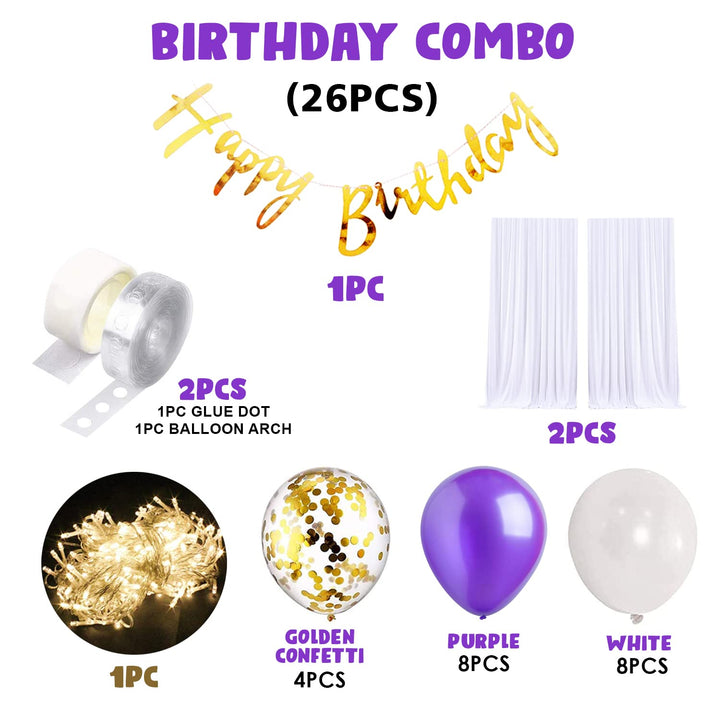 Party Propz Net, Latex, Cardstock Purple Birthday Decoration Items - 26 Pcs, Happy Birthday Decoration For Girls|Cabana Tent For Birthday Decoration Items For Women, Girl|Canopy Tent|Balloons, Lights