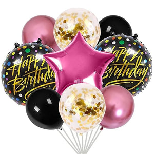 Party Propz Birthday Balloons for Decoration - 10 Pcs Happy Birthday Balloons for Girls | Confetti Balloons | Foil Balloons for Birthday | Pink and Black Balloons for Birthday Decoration