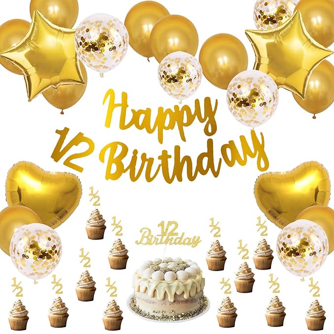 Party Propz Its My Half Birthday Decorations Set -Golden Glitter Banner (cardstock),Cake Toppers, Heart Star Baloons, Confetti Balloons, Half Birthday Decoration for Baby Boy or baby girl,1/2 Birthday