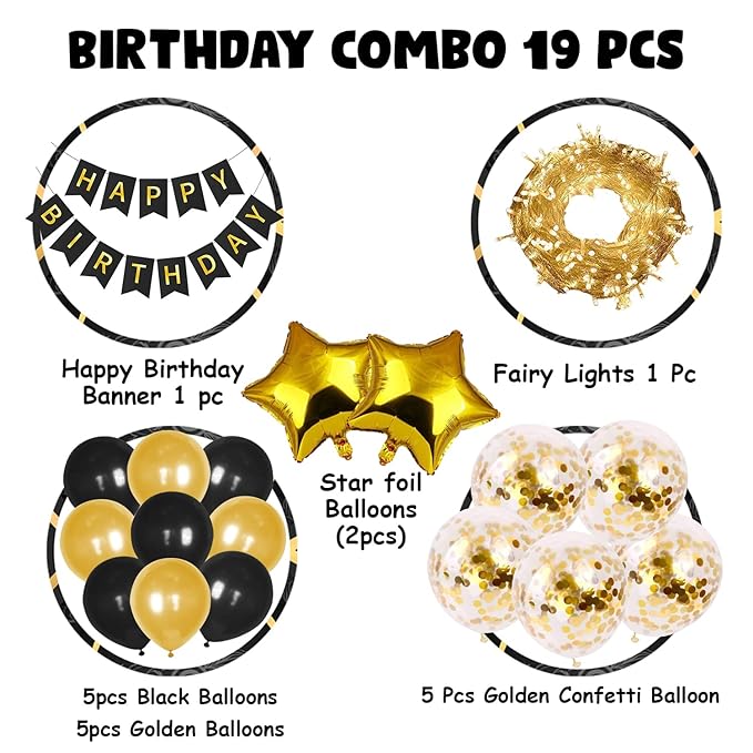 Party Propz Birthday Decoration Items - Happy Birthday Decoration Black Gold | Birthday Decoration Items For Men, Husband | Birthday Decoration Kit For Wife, Women | Confetti, Metallic, Foil Balloons