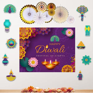 Party Propz Happy Diwali Decoration Items- 21pcs, Shubh Dipawali Combo, Diwali Background Decoration | Happy Diwali Banner (cardstock), Paper Fans | Diwali Backdrop Decorations (Vinyl) | Diwali Props