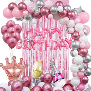 Party Propz Pink Theme Birthday Decorations - 46 Pcs, Birthday Decoration Items | Happy Birthday Decorations for Girls Wife Women | Metallic, Foil Balloons, Fringe Curtain | Birthday Decorations Kids