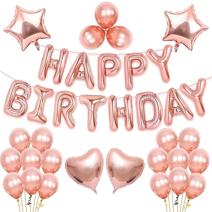 Party Propz Rose Gold Birthday Decorations Items - 30 Pcs, Happy Bday Decoration Kit, Rose Gold Happy Birthday, Metallic, Foil Balloon with Led Fairy Light Happy Birthday Decoration Set for Girls