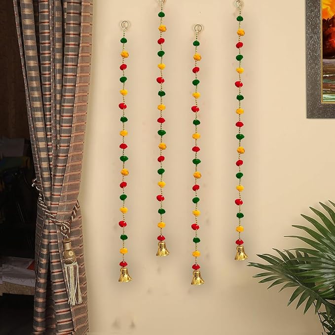 Party Propz Pom Pom Hangings for Decoration- 2Pcs Hanging Bells for Pooja Room | Traditional Decoration Items | Torans For Entrance Door | Entrance Decoration For Home | Side Hanging For Entrance Door