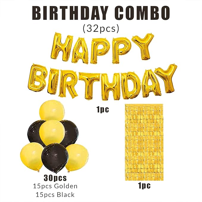 Party Propz Happy Birthday Banner (cardstock) Decoration Kit 32 Pcs Set for Husband Boys Balloons Decorations Items Combo With Golden Square Foil Curtain, Metallic Balloons