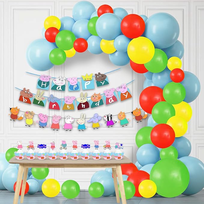 Party Propz Peppa Theme Birthday Decoration Kit - Combo of 52 | Multicolor Balloons for Birthday | Happy Birthday Banner(cardstock) | Peppa Cake Toppers for Birthday | Peppa Birthday Decoration Items