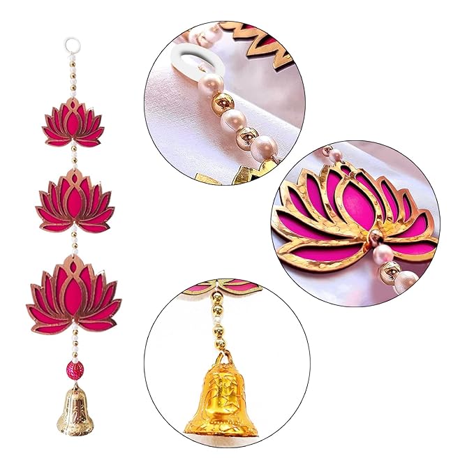 Party Propz Handmade Pink Lotus Hangings for Decoration - 4pcs, 20 Inch Each Hangings for Door Entrance | 3 Tier MDF Floral Wall Hangings with Decorative Bell | Door Hanging | Mandir Decoration Items