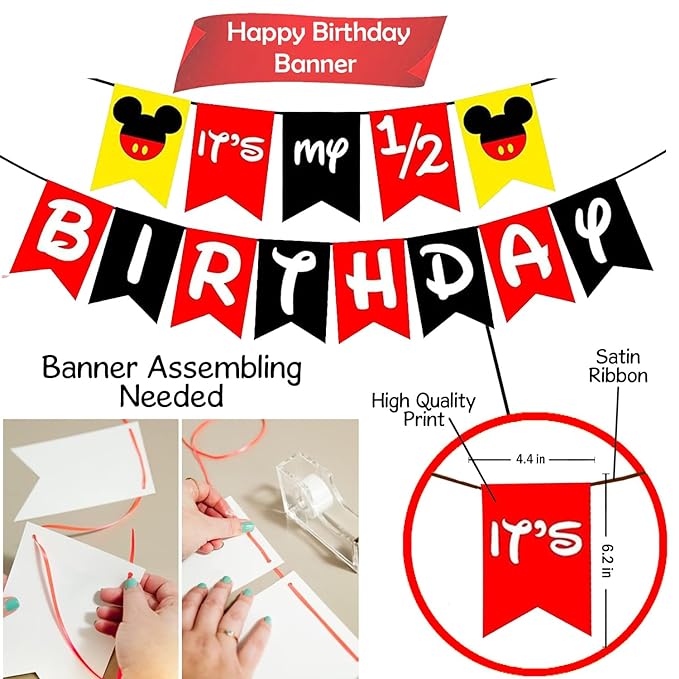 Party Propz Half Birthday Banner- Mickey Birthday Decoration Items | Its My Half Birthday Decorations | Red and Black Birthday Decoration | Happy 6 Months Birthday decorations | Happy Birthday Banner (Cardstocks)