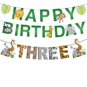 Party Propz 2Pcs Jungle Animals Leaves 3rd Birthday Happy Birthday Banner And Age "Three" Banner For Jungle Theme Birthday Decoration