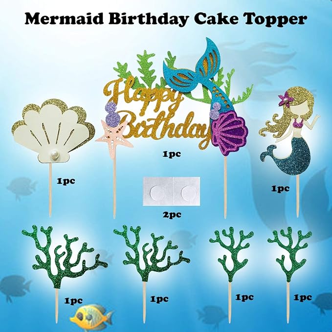 Party Propz Glitter Mermaid Birthday Cake Topper - Happy Birthday Cake Decoration for Under The Sea Themed Birthday Supplies Set fo 7, Multicolor